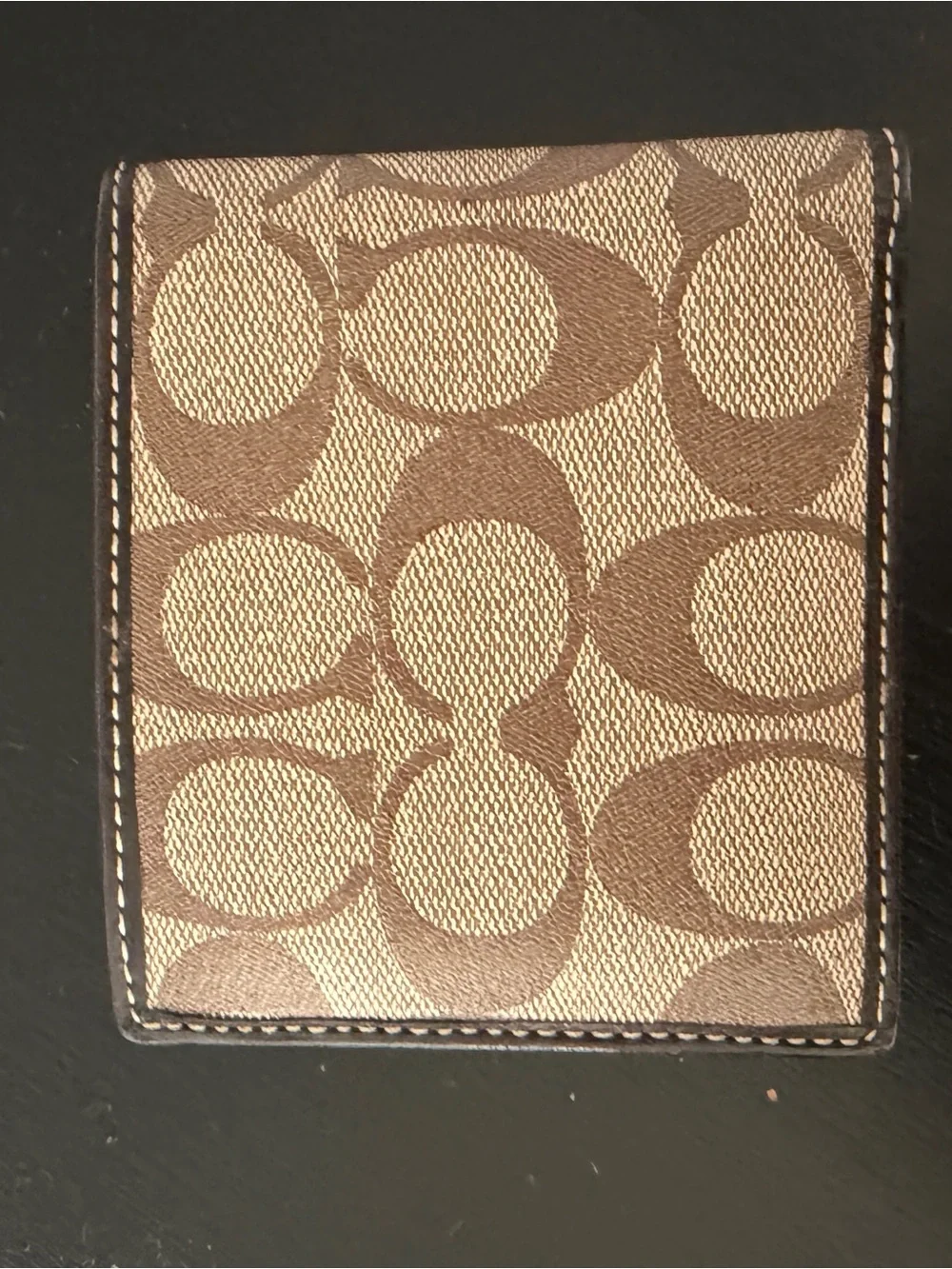 Coach Brown Signature Canvas Bifold Wallet with Blue Stripe Accent